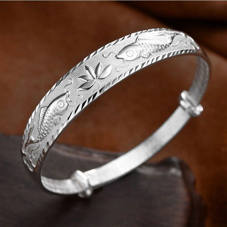 Women's Silver Bracelet 99 Pure Silver Non-Fading Ancient Heritage Starry Open Bracelet Lotus Solid Bracelet Silver Jewelry