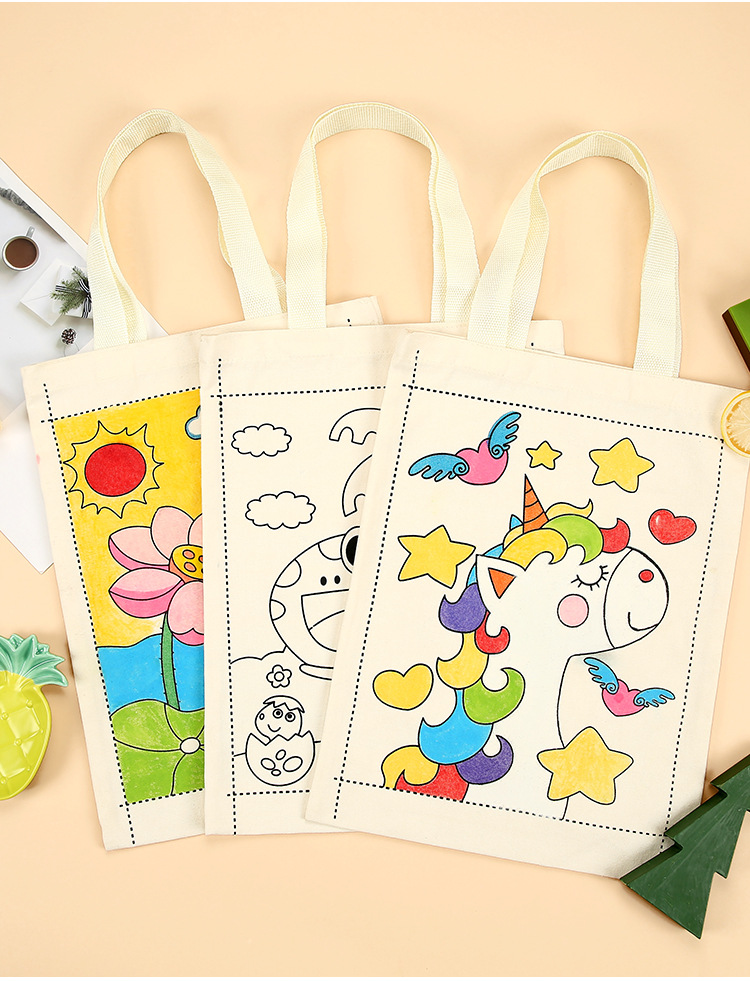 diy彩绘帆布包手绘涂鸦填色帆布袋儿童趣味卡通手提袋材料包