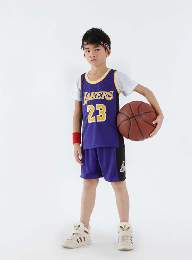 童装湖人23号詹姆斯篮球服短袖宝宝幼儿园表演服假两件儿童球衣男
