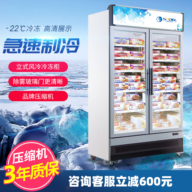 商用立式冷冻柜超市便利店风冷速冻柜全家冰淇淋海鲜柜双门展示柜