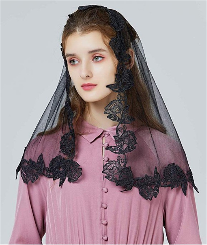 唯色黑色穆斯林新娘面纱水溶花边头纱欧美婚礼婚纱头巾披肩
