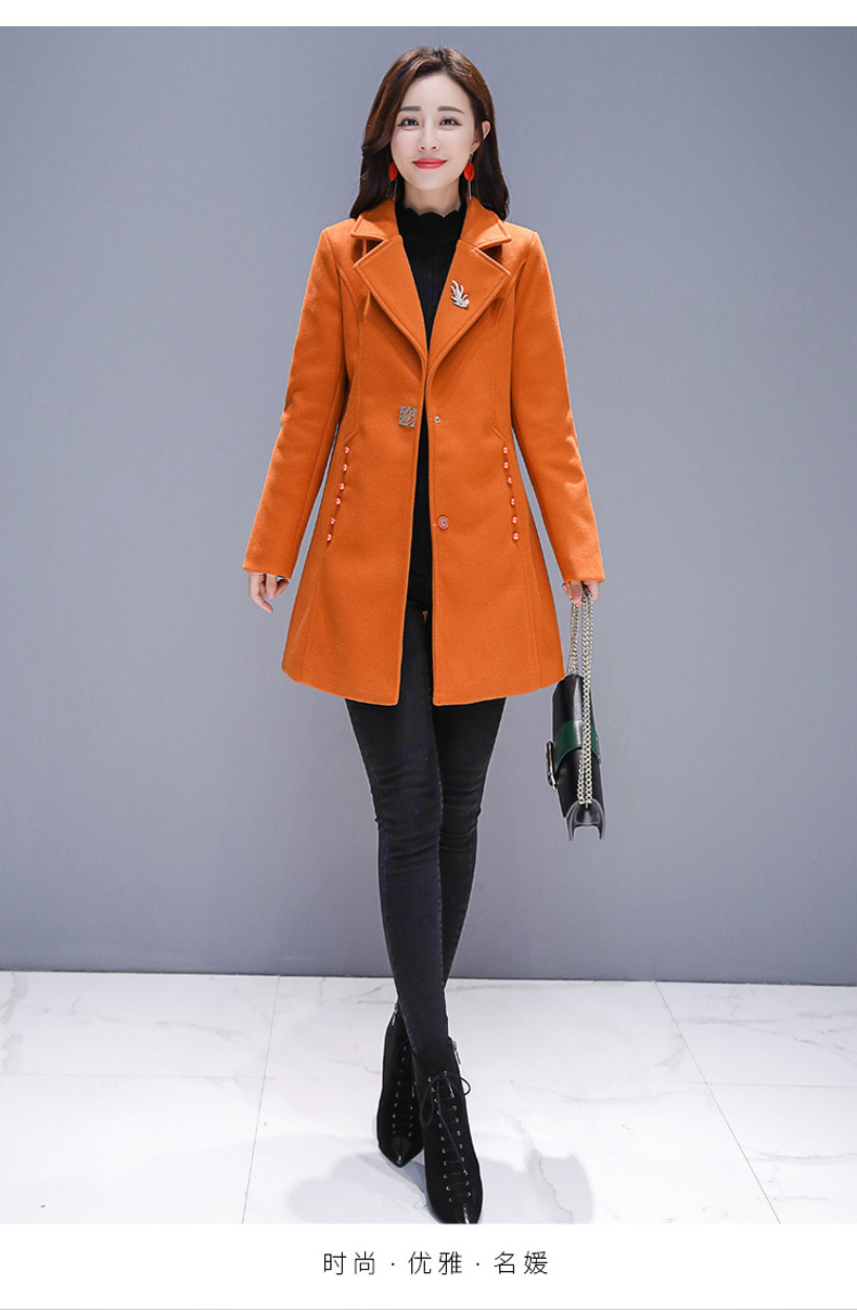 年冬季长袖修身涤纶一粒扣纯色翻领时尚修身毛呢大衣