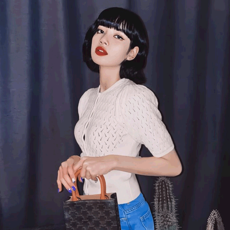 性感高腰镂空圆领开衫泡泡袖春夏季韩星lisa明星同款女上衣针织衫