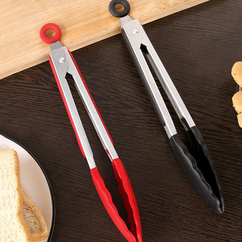 唯趣不锈钢硅胶食品夹家用厨房夹牛排烤肉防滑沥油夹子防烫耐高温