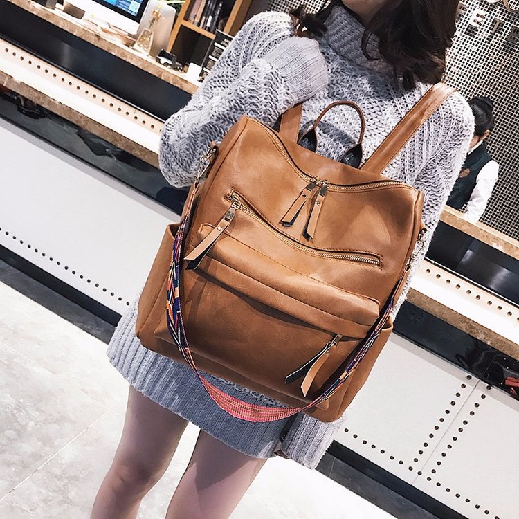 Factory Wholesale Vintage Pu Soft Leather Backpack Large Capacity College Style Travel Leisure High School Student Fashion Women's Bag