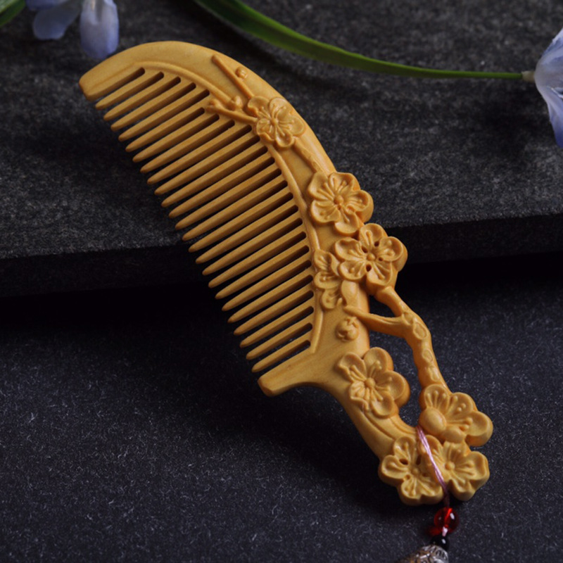 桃花醉图案雕刻黄杨木长梳子密齿按摩美发直发造型木梳送女友礼物
