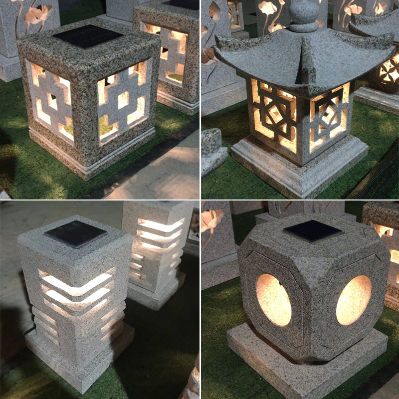石雕柱头灯太阳能石灯笼现代风日式庭院广场大理石摆件草坪灯一对