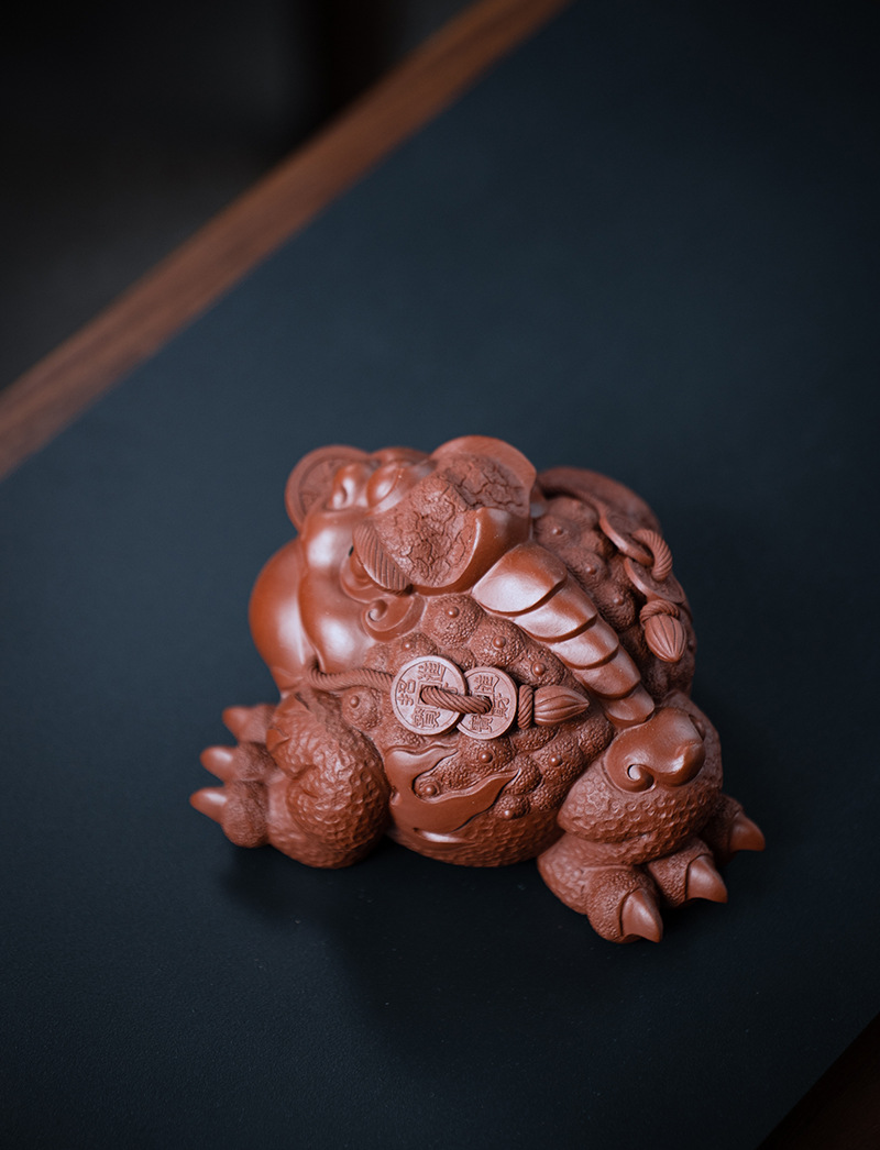 宜兴紫砂茶宠招财金蟾将军蟾三足金蟾蟾蜍茶具配件大红袍雕塑可养