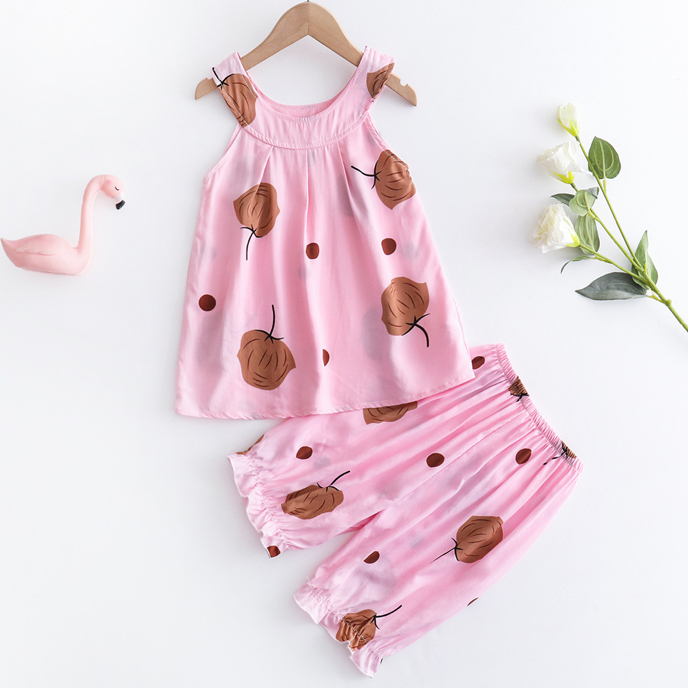 夏季棉绸儿童小孩睡衣套装女童绵绸无袖短裤薄空调家居服宝宝女孩