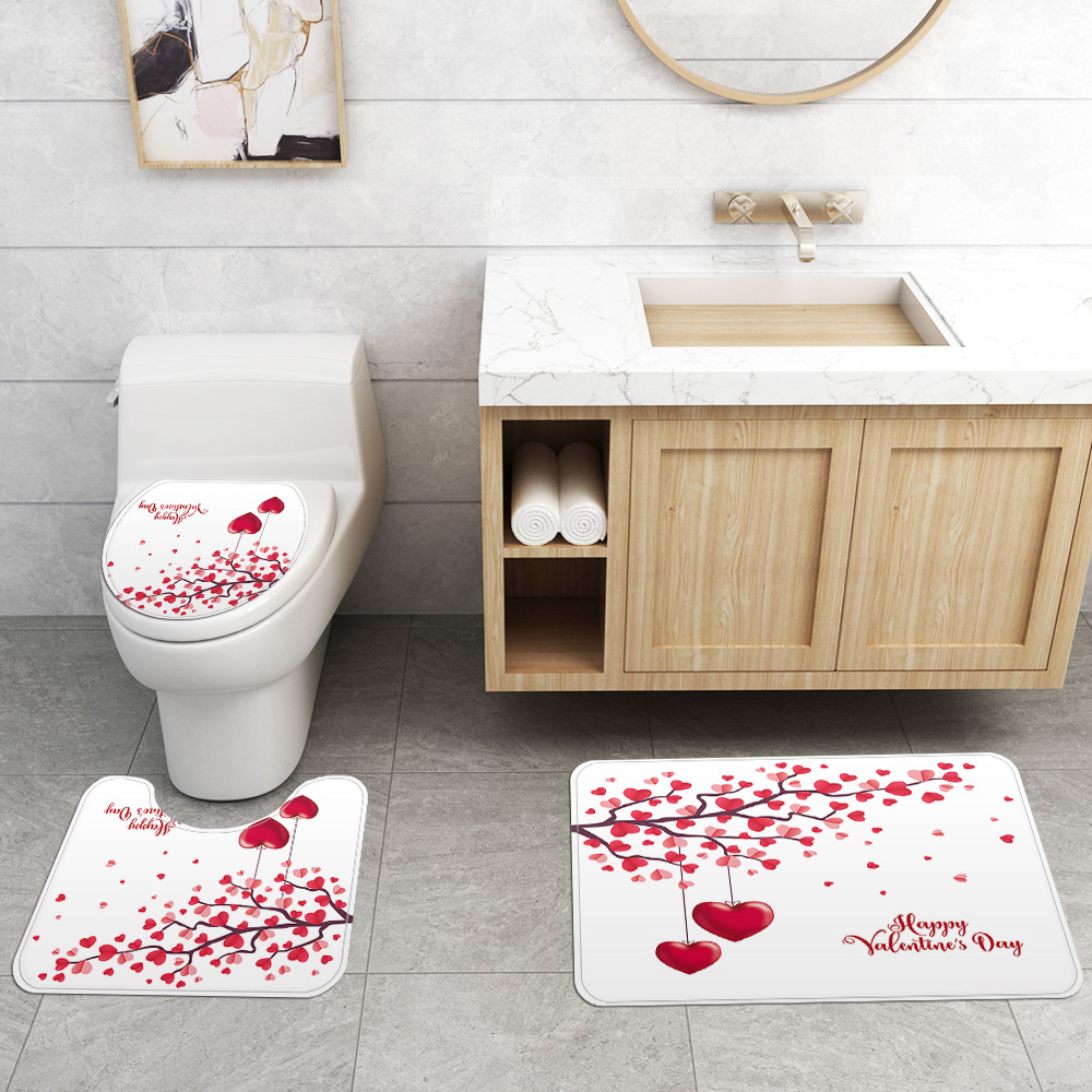 情人节系列马桶地垫爱心玫瑰四件套印花涤纶浴帘跨境热卖现货供应