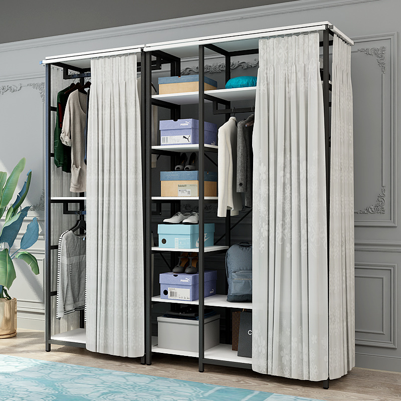 家用卧室置物架多功能开放式组合衣柜长短款金属衣帽间铁艺全钢架