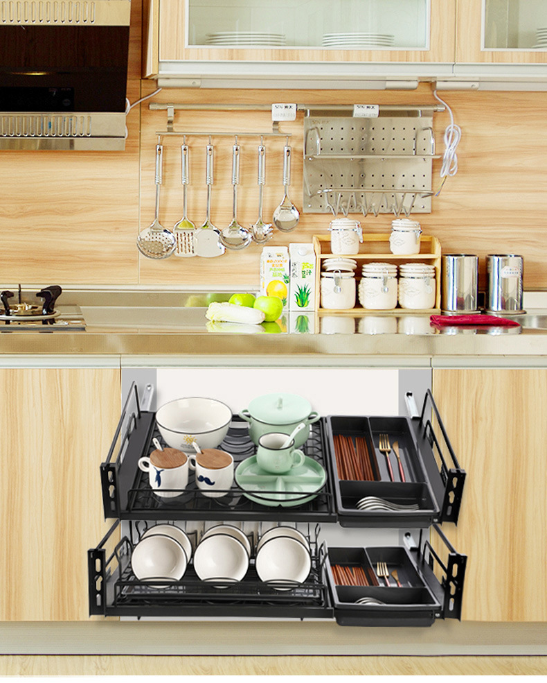 【伸缩厨房拉篮】橱柜拉篮钢丝双层抽屉碗碟篮碗架沥水架厂家批发