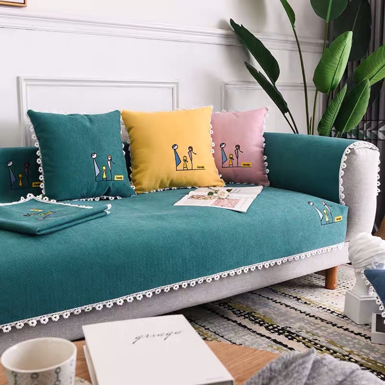 简约现代雪尼尔沙发垫布艺防滑沙发巾沙发罩刺绣坐垫一家亲