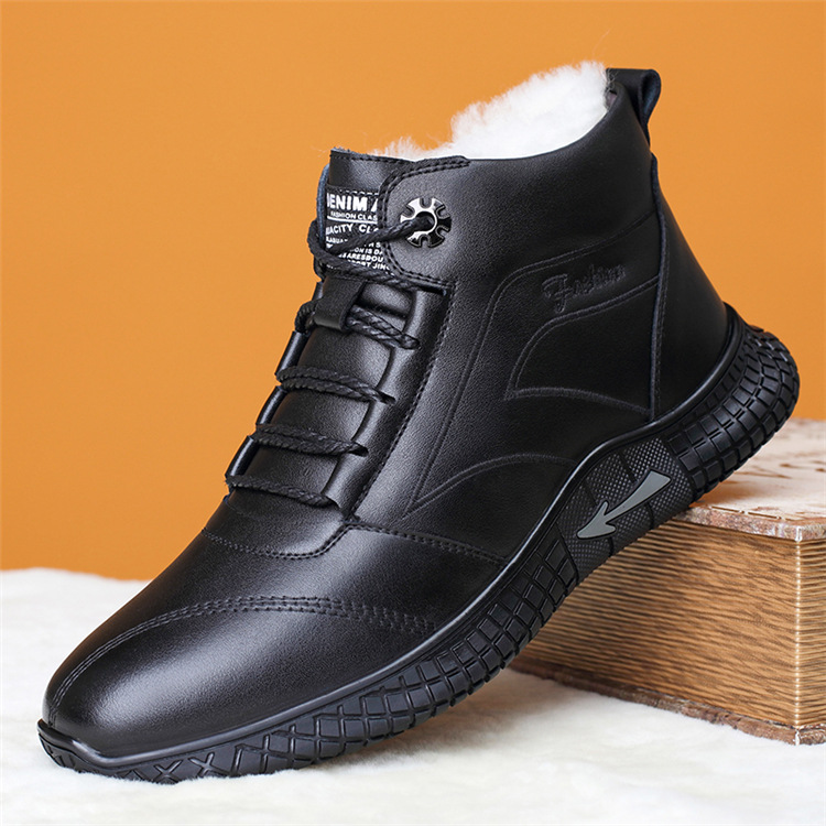 2021 New Arrival Hot Sale Trendy Comfortable Men's Warm Shoes Fur Integrated Lace-up Cotton Shoes Fleece-lined Thick Wool Leather Shoes