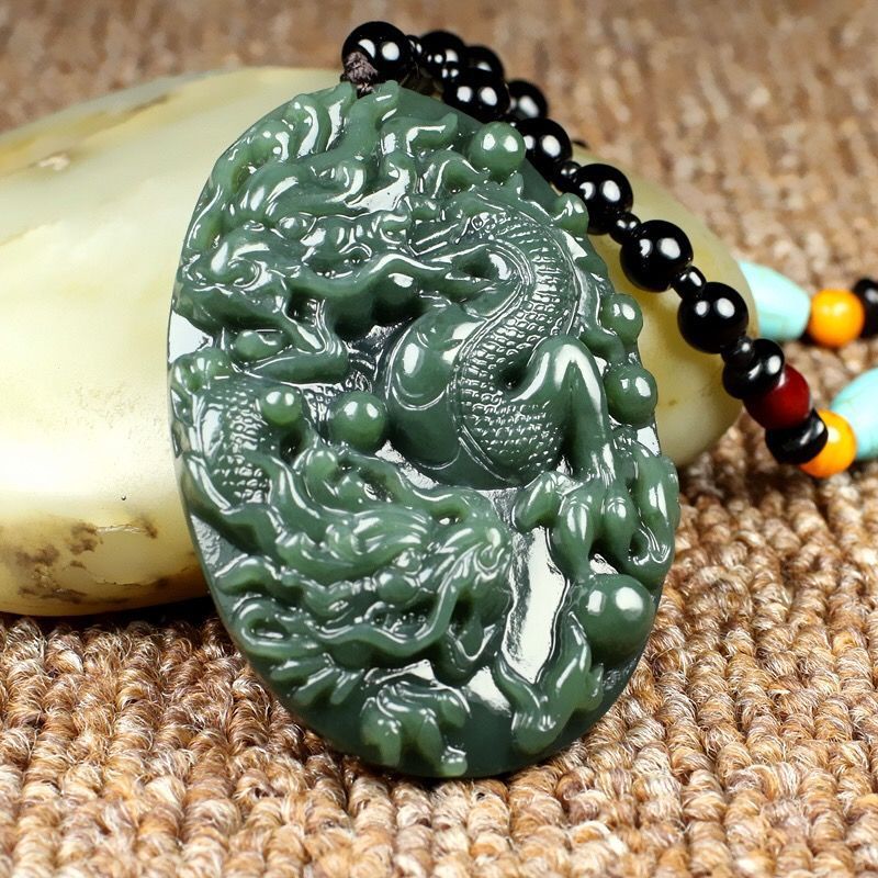 新疆和田玉青玉双龙戏珠龙牌塔青一细椭圆龙玉牌男款精细雕工透光