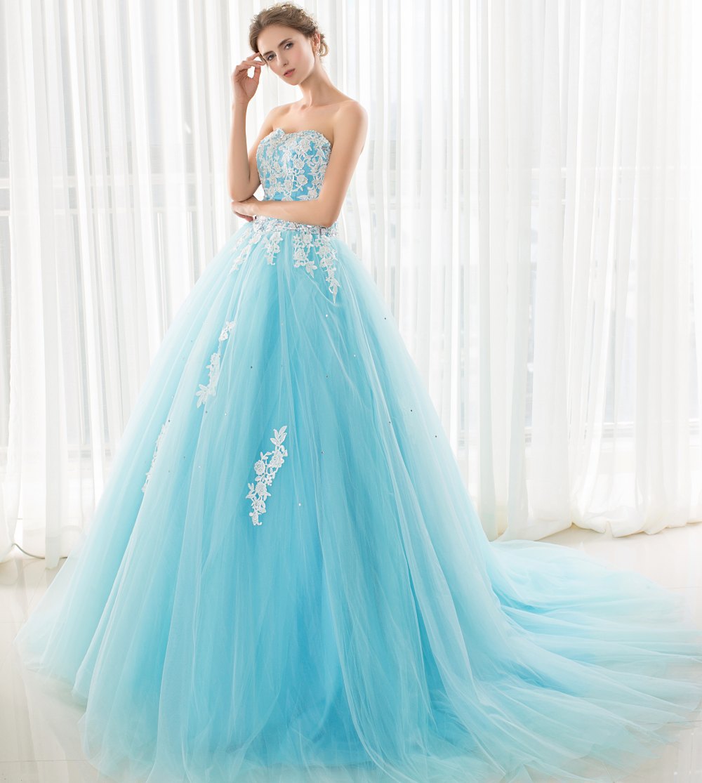 彩色拖尾婚纱礼服抹胸贴花缝珠蓬蓬舞裙宴会主持影楼演出晚礼服