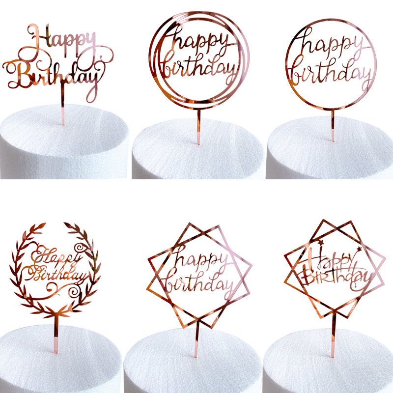 Cross-Border Ins Style Birthday Cake Decoration Factory Direct Sales Rose Gold English Birthday Acrylic Cake Insertion