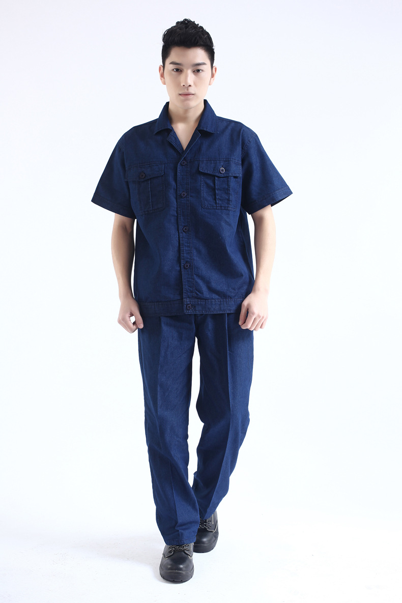 批发 夏季短袖牛仔工作服套装 男女工装耐磨全棉劳保电焊服