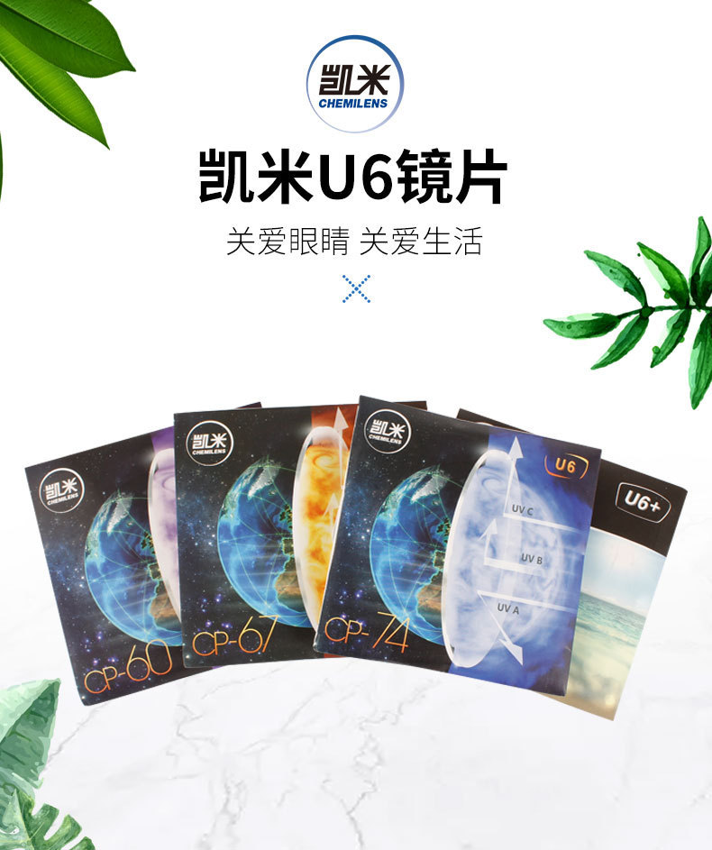 正品中文凯米u6镜片1.56/1.61/1.67/1.74非球面树脂镜片批发