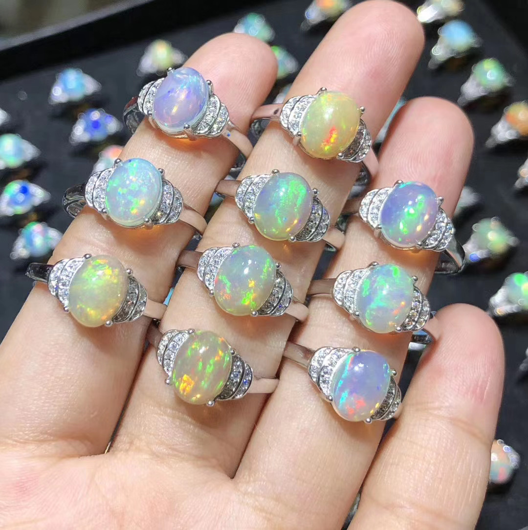 天然欧泊石蛋形戒指 925银镶嵌澳宝蛋白石活口设计时尚女士戒指