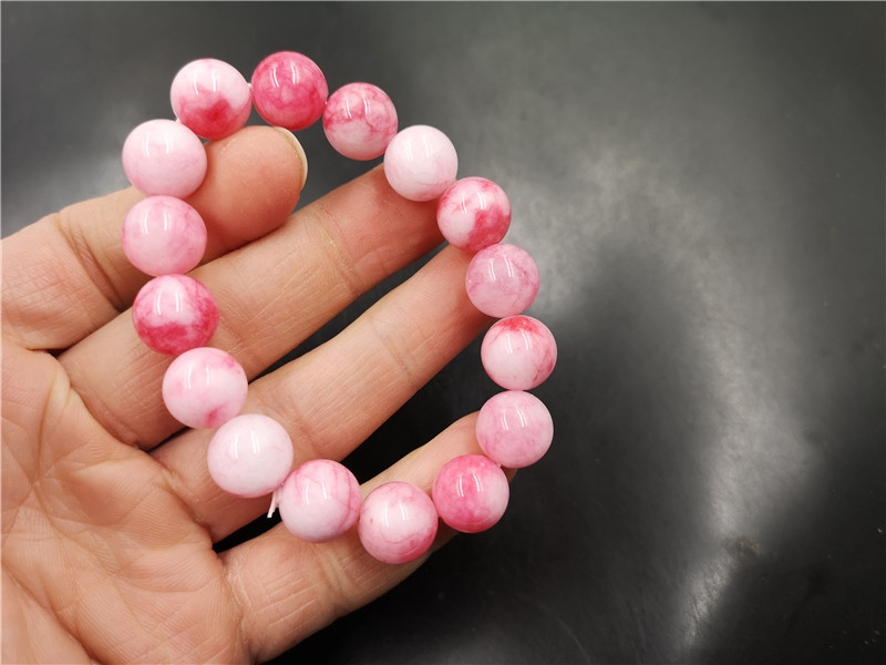 平价玉器 新款12毫米粉色桃花玉圆珠手链 女款桃花石玉手串