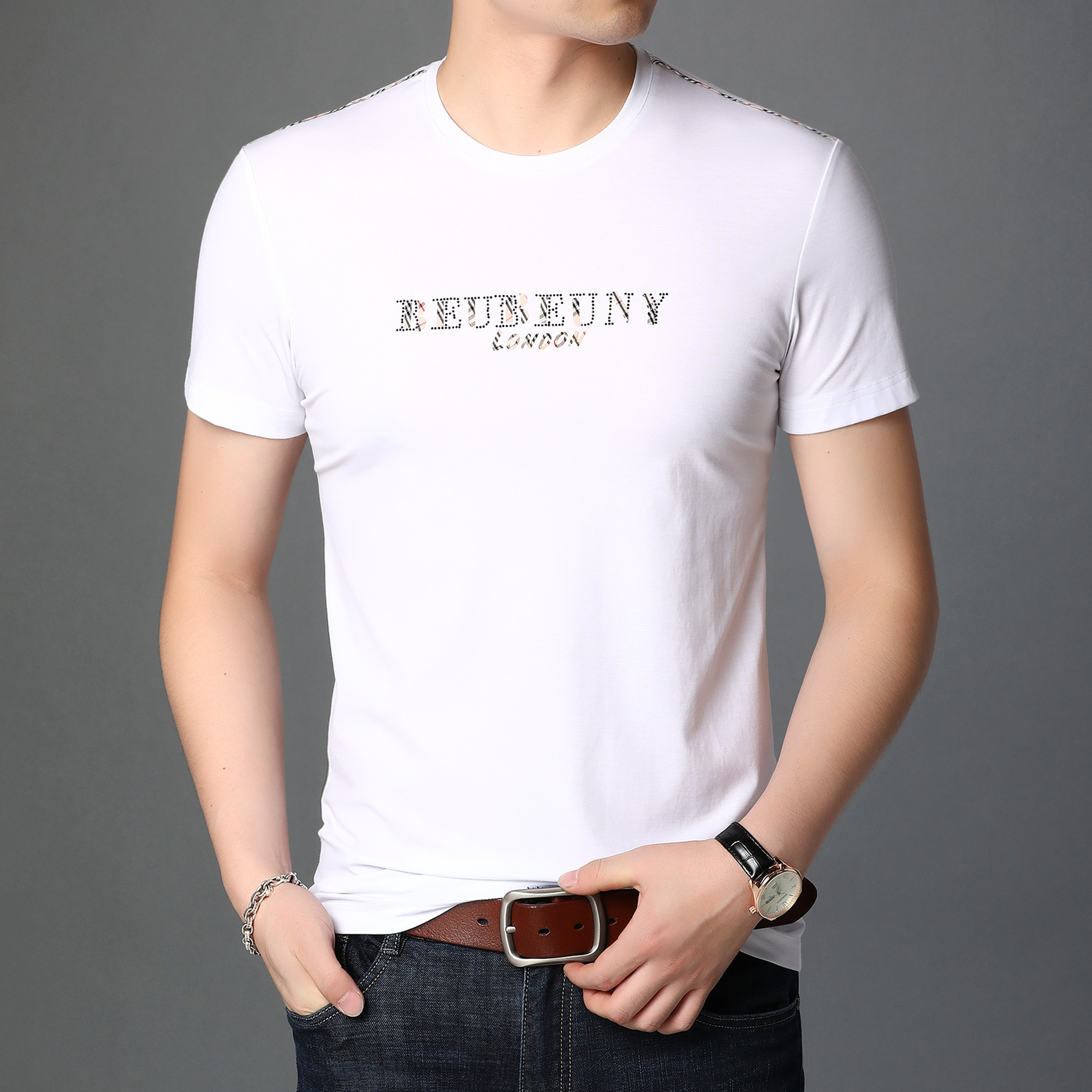 圆领t小衫短袖20年夏装化纤短t男衫透气不沾身男士免烫上衣韩版男