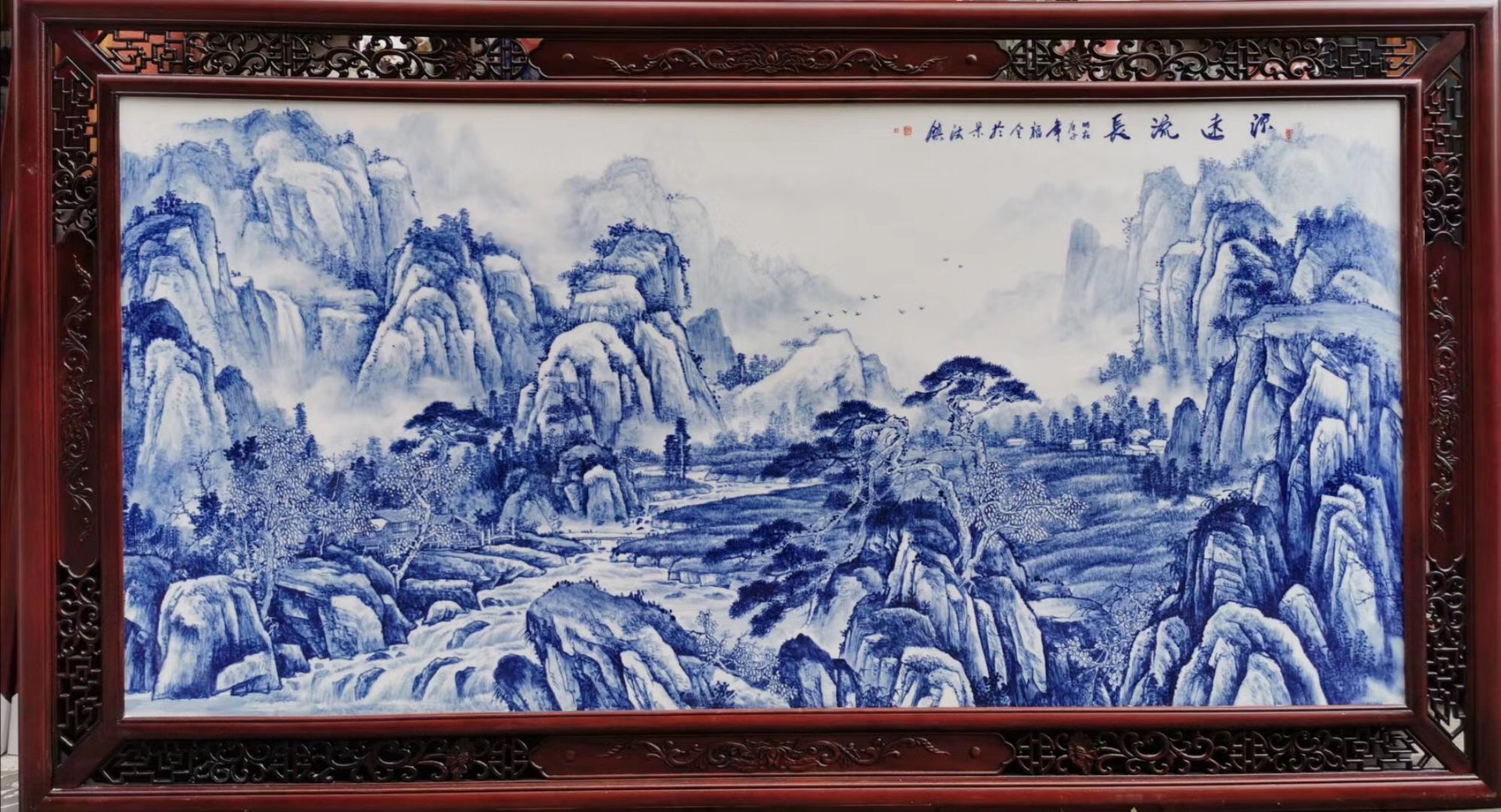 景德镇青花瓷瓷板画源远流长手绘精品高档装饰挂件别墅摆件中式家