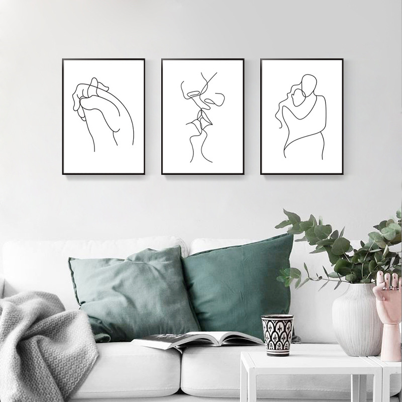 北欧黑白线条情侣简约书房卧室家居壁画装饰画 无框画芯