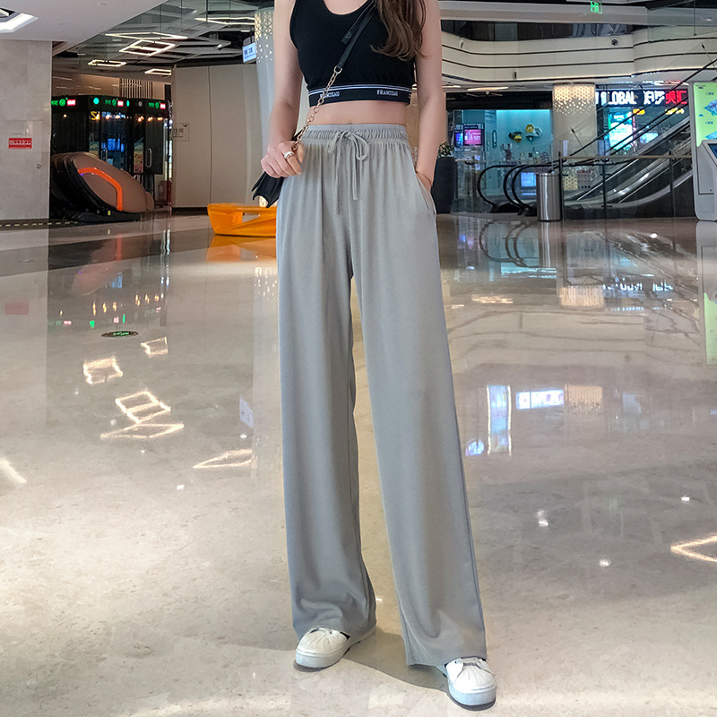 Gray Sports Pants Female Summer Thin Loose Small Straight Wide-Leg Pants Casual Slimming Ice Silk Cool Pants