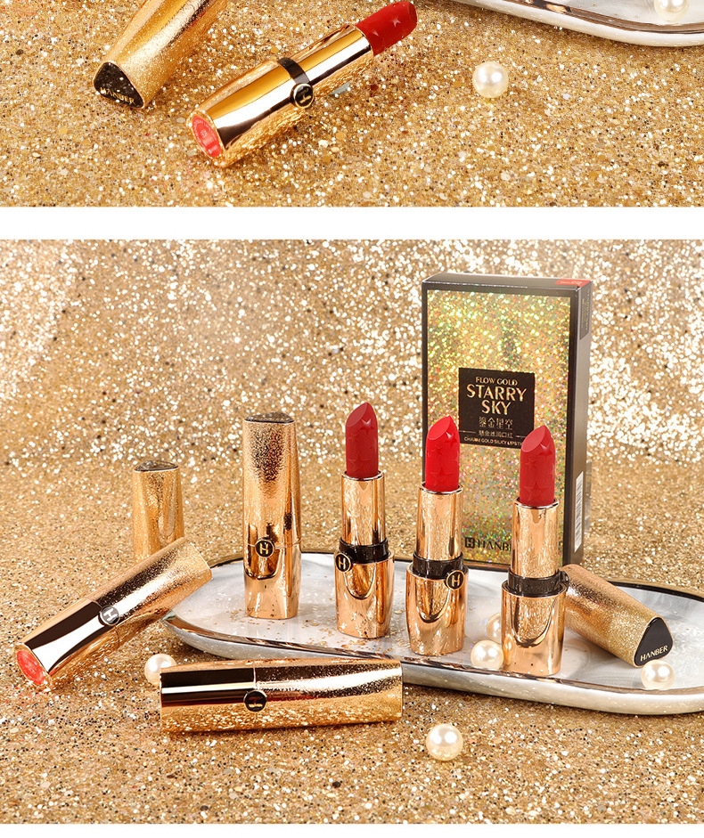 韩贝儿鎏金星空魅金丝润口红 学生平价牛血色焦糖色唇彩一件代发