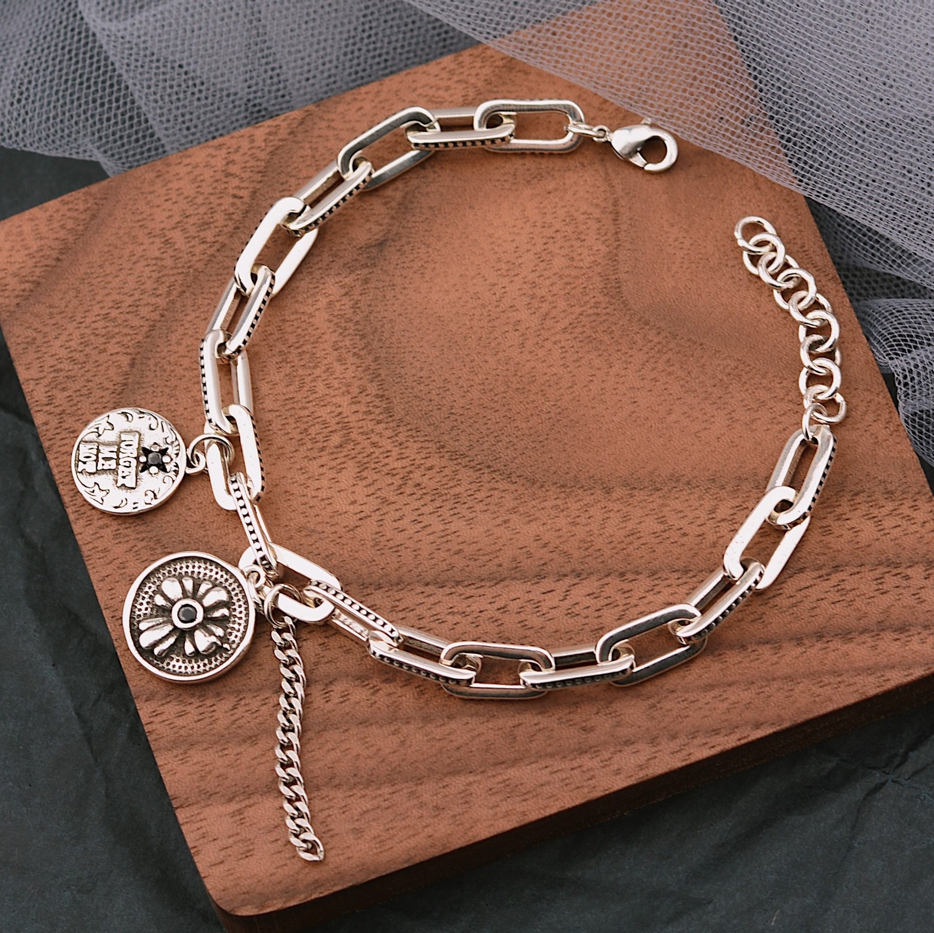 韩国风简约七夕情人节定制圆牌十字泰银手链女气质拼接链条手链潮