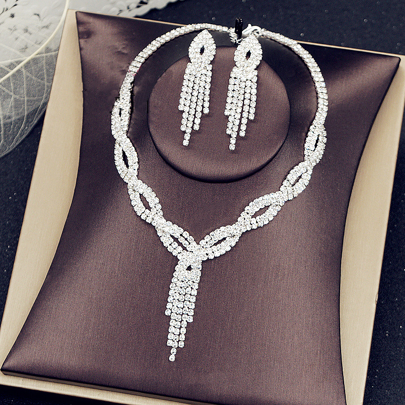 New Necklace and Earrings Suite European and American Style Woven Rhinestone Clavicle Bridal Jewelry Chain Diamond-Embedded Banquet Chain Set