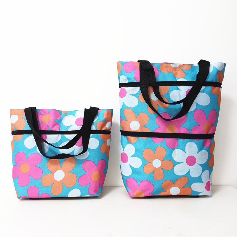 工厂批发爆款花色带轮购物袋折叠买菜小拉车轮子包拼多多一件代发