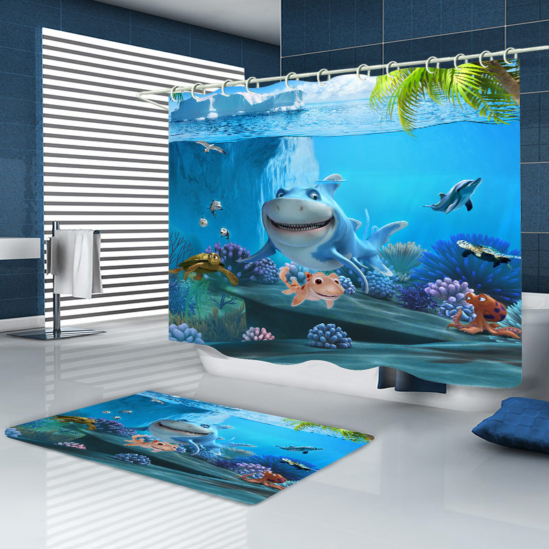 Cross-Border Shower Curtain Set Shower Curtain 3D Digital Printing Polyester Waterproof Shower Curtain Four-Piece Set Customization