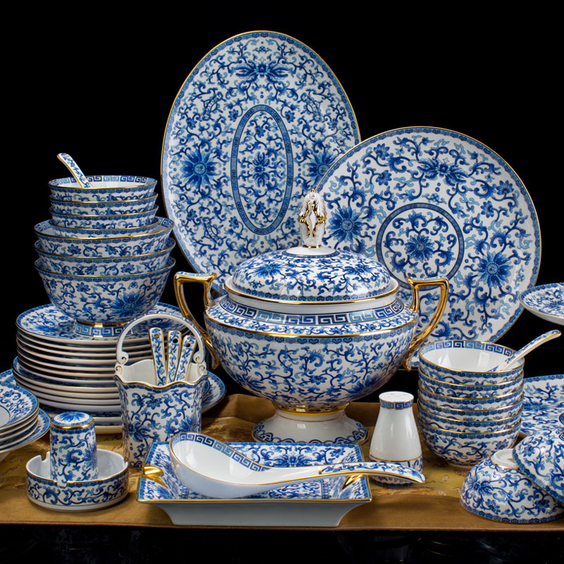 景德镇描金珐琅彩青花骨瓷餐具碗碟套装组合中式古典宫廷家用送礼