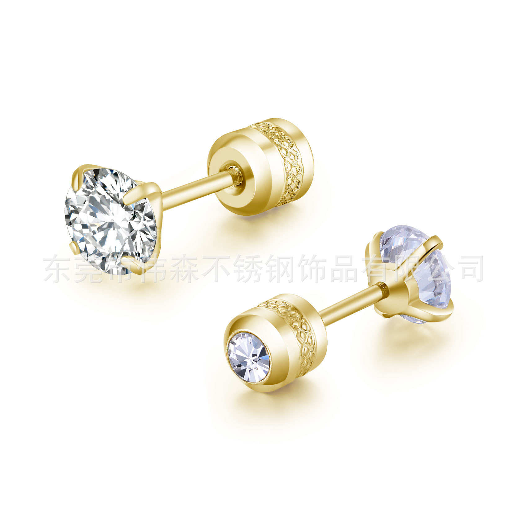 Titanium Steel Four-Claw round Double Zircon Nail Stainless Steel Two-Head Zircon Ear Bone Stud Earrings Cross-Border Earrings Wholesale