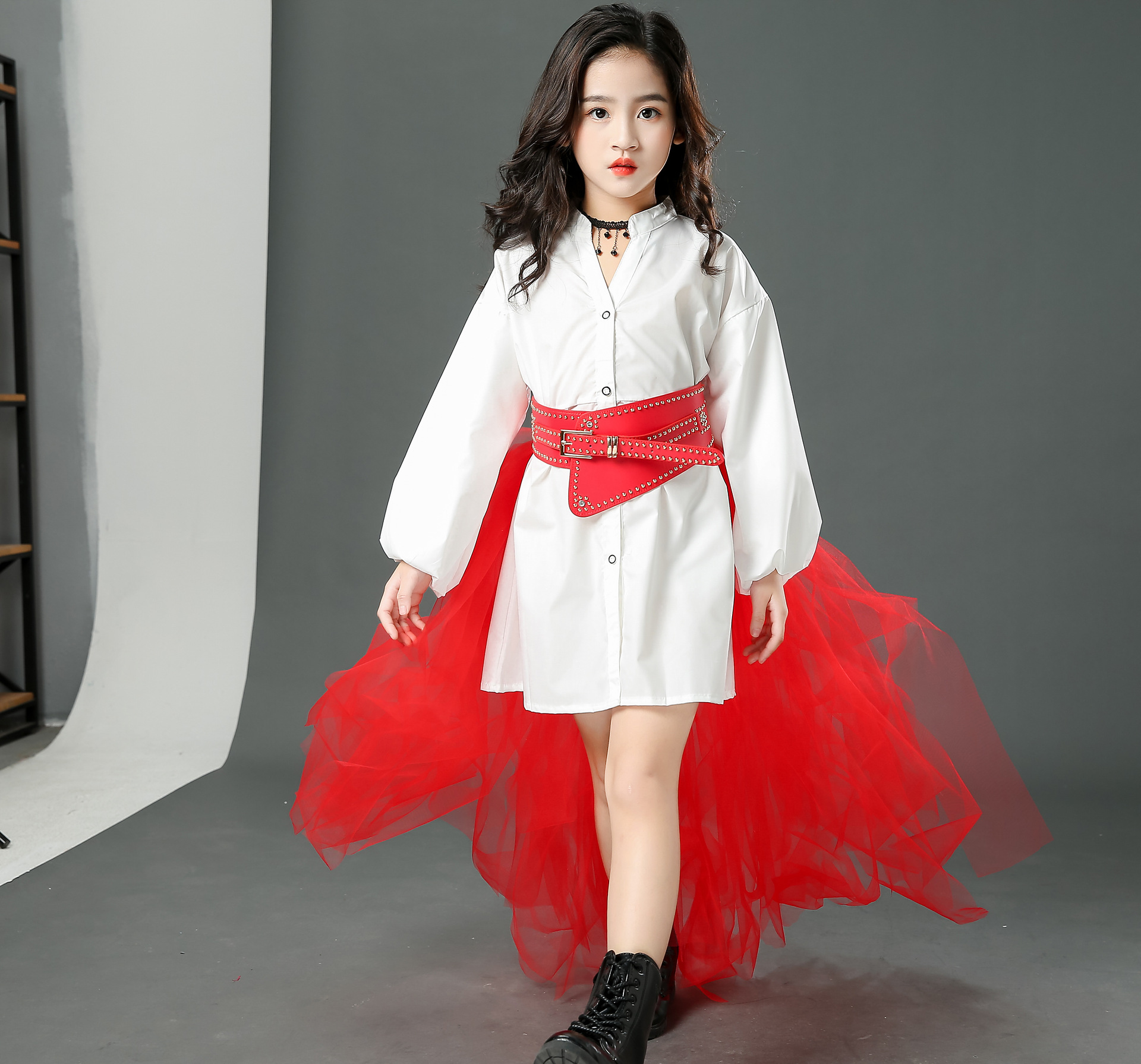 女童潮服红色超酷套装儿童走秀车模时尚个性演出服模特时装秀礼服