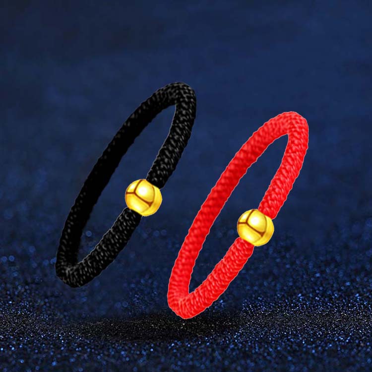 不褪色本命年弹力指环镀金转运珠戒指红黑绳编织男女款戒指批发
