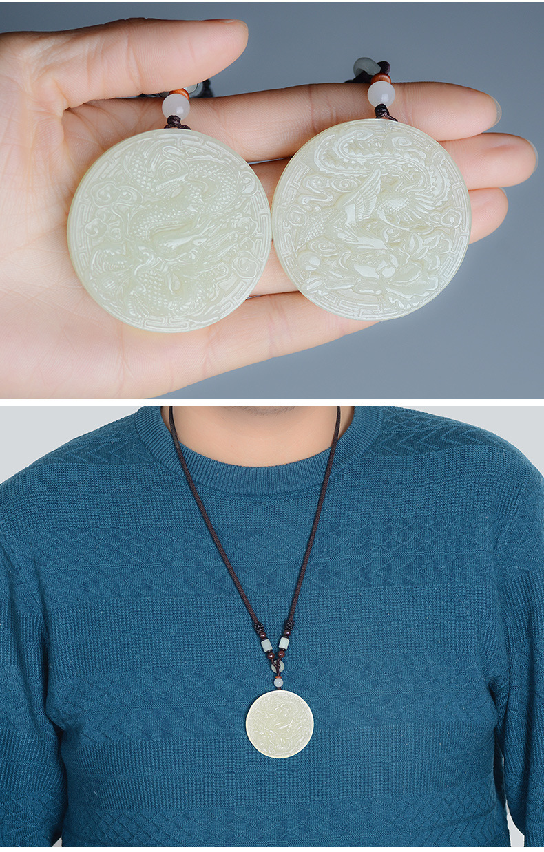 新疆和田玉龙凤对玉佩情侣款玉牌吊坠男女款新婚圆形玉石玉坠挂件