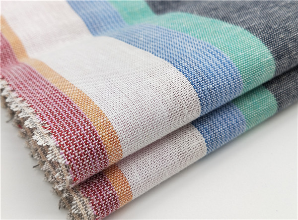 天丝麻棉彩色条子色织布天丝面料亚麻面料色织彩色条子布女装面料