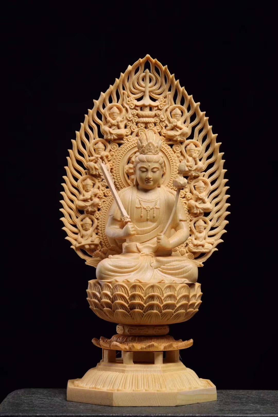 批发桧木雕虚空藏菩萨摆件28高家居木质摆件背屏可拆木质工艺品