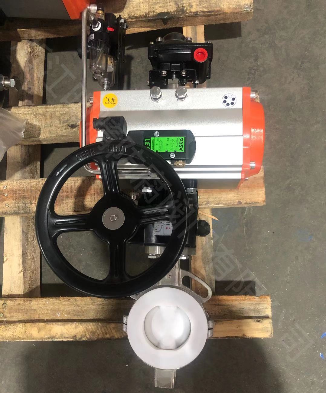 d671f4气动带手轮不锈钢衬氟对夹式蝶阀ptfe纯四氟蝶阀