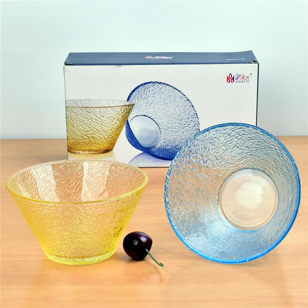 批发彩色玻璃碗盘套装 爱纹碗六件套 大号沙拉碗锤纹碗餐盘六件套