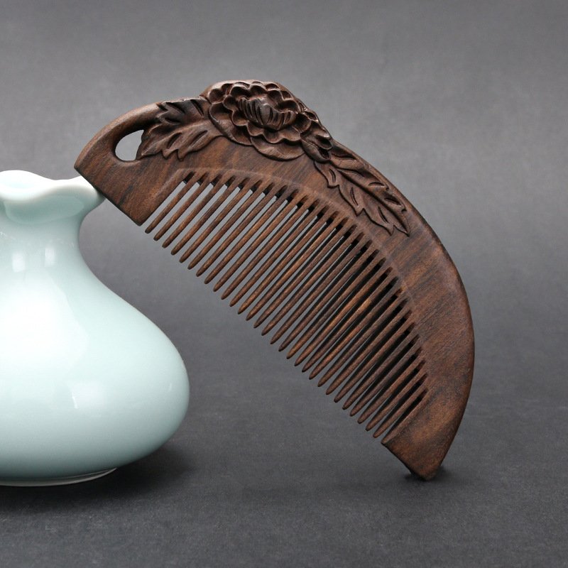 檀木景点木梳黑檀手柄双面雕花梳子细齿整木古风礼品定制按摩顺发