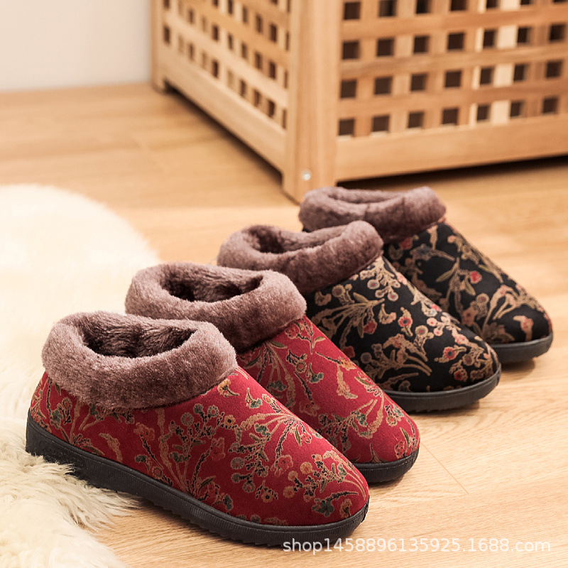 Traditional Beijing Cotton Shoes Lazy Women Grandma Shoes Winter Fleece-Lined Platform Mother Soft Bottom Non-Slip Warm Elderly Cotton Slippers