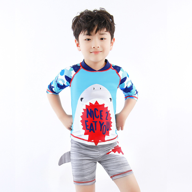 厂家批发大中小童修身游泳衣 男童宝宝卡通鲨鱼印花带帽防晒泳衣