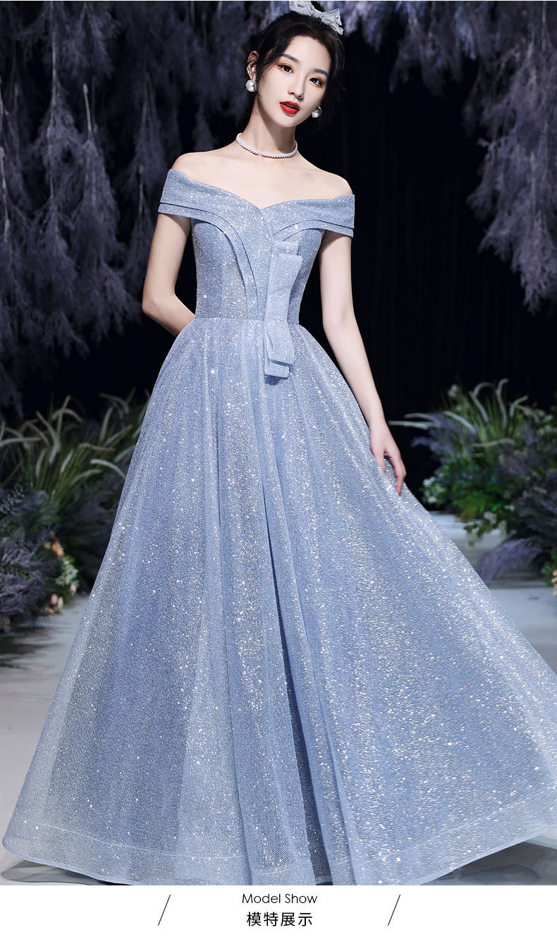 晚礼服裙女气质宴会2022新款主持人显瘦优雅时尚一字肩蓝色连衣裙