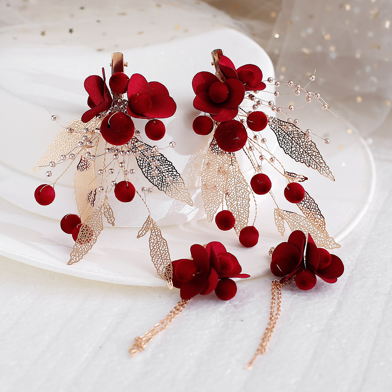 韩式新娘头饰超仙红色甜美绢纱花朵发夹婚纱配饰森系造型结婚发饰