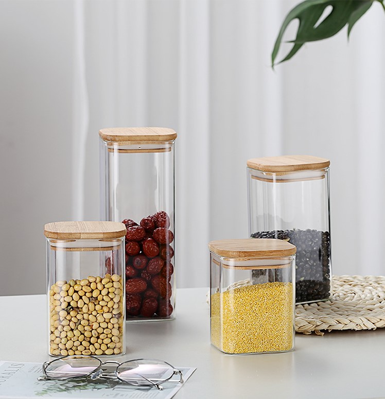 透明玻璃方形储物罐高硼硅耐热茶叶罐调料罐厨房收纳瓶子竹盖密封