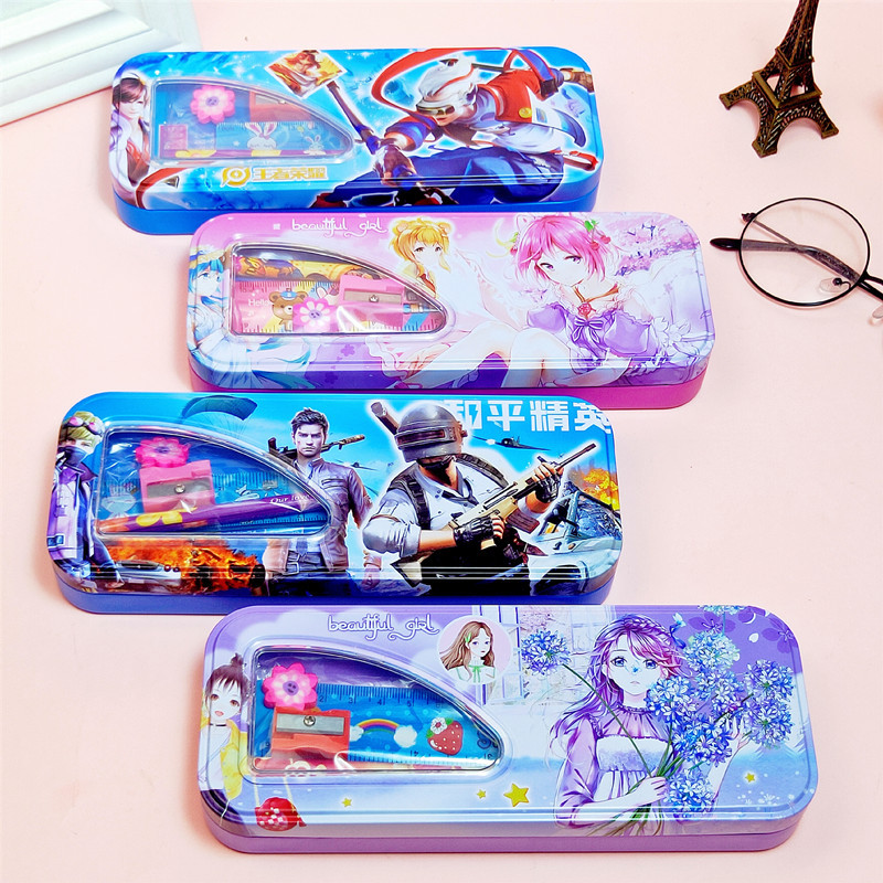 Wholesale Cartoon Double-Layer Stationery Box Iron Pencil Box Student Stationery Set Children Large Capacity Pen Case Office Supplies